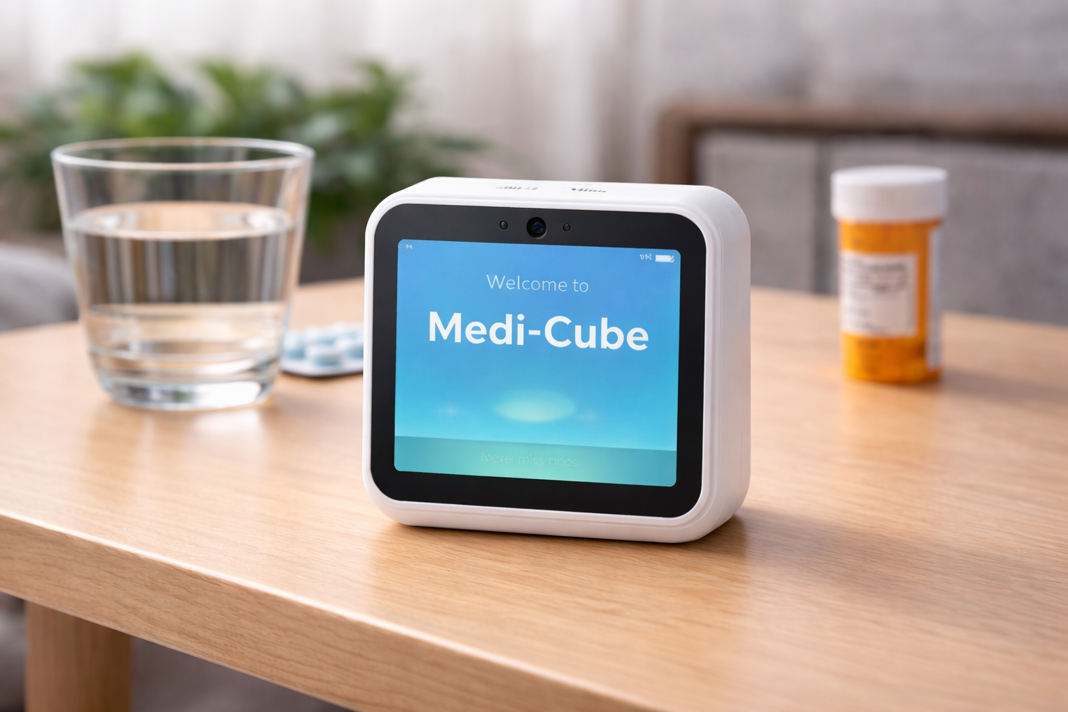 Medi-Cube medication reminder device on a bedside table